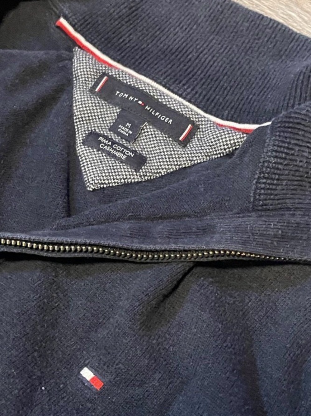 Tommy Hilfiger Men's Navy Zip-Up Sweater with Signature Flag
